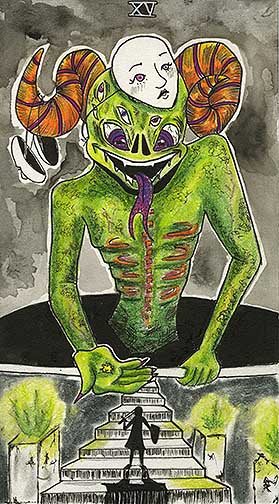 A giant green demon looms above a heroic figure standing on a staircase. The demon has yellow horns, with masks hanging off of them. Several eyes adorn his face and he grins with a lengthy serpentine tongue. In his hand, he offers the hero a glowing star. Green fire lines the staircase