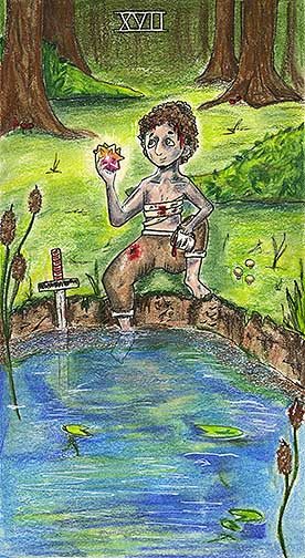 Sitting at a pool of water deep within a forest is the hero. He is beaten up and bandaged, but triumphantly clutching a star in his hand. In his other hand is a cup, spilling into the water. One foot rests upon the bank of the pool while the other one is dipped beneath.
