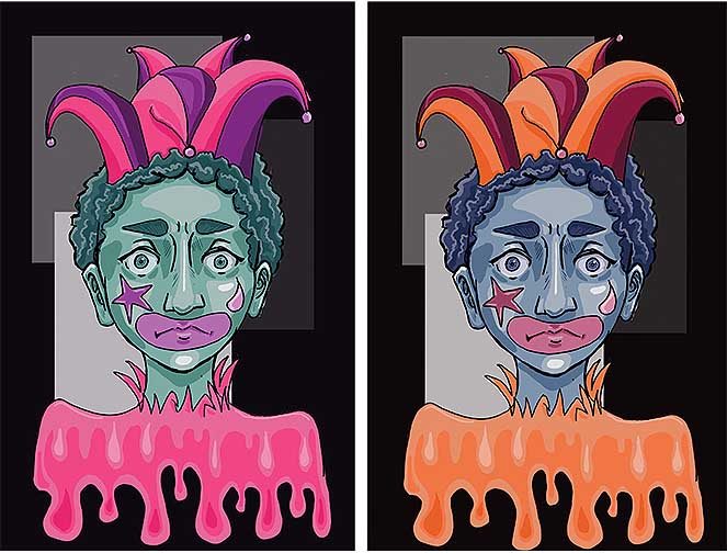 Digital illustration depicting two different colorations of a clown. 
