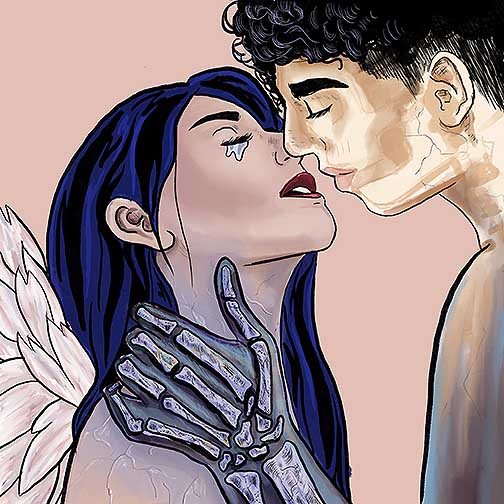  Digital illustration depicting a woman with wings and a man with a skeletal hand kissing.