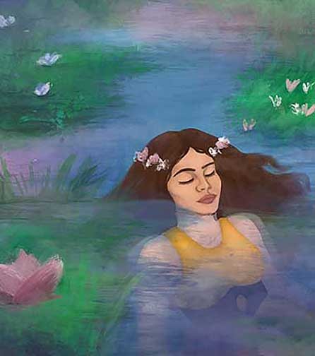 Illustration of a woman submerged in water, inspired by Sir John Everett Millais, Ophelia.