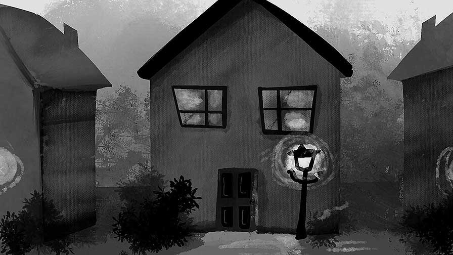 A black and grey illustration of a house and an illuminated light post.