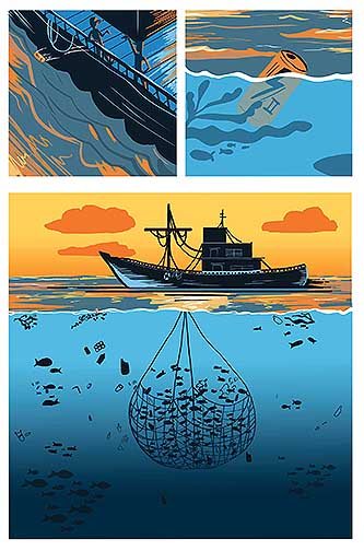 Three panel series showing the before, during, and after events in the sea.