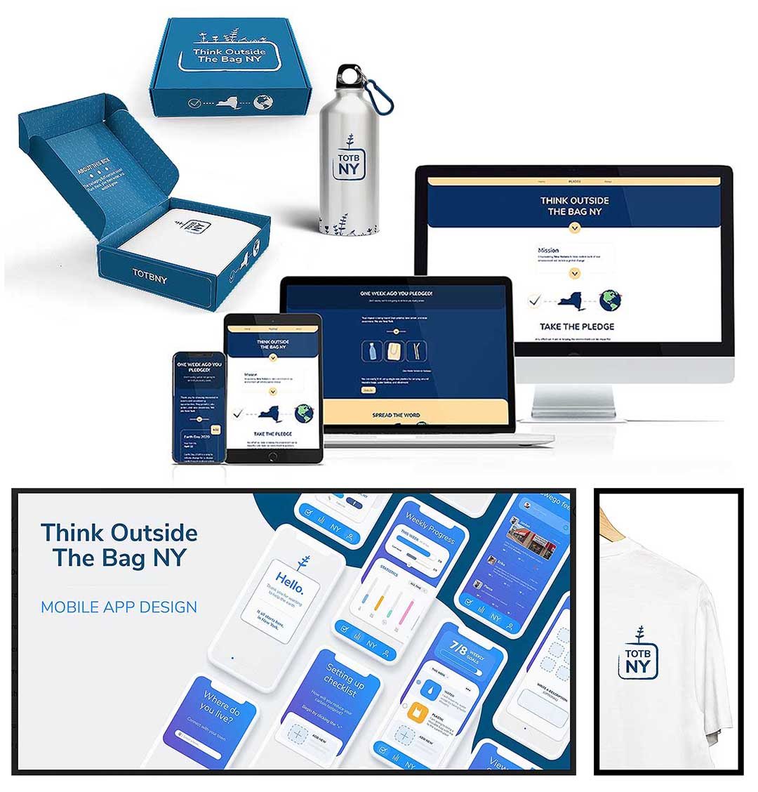 A campaign series featuring a shirt, box, web design, and logo.