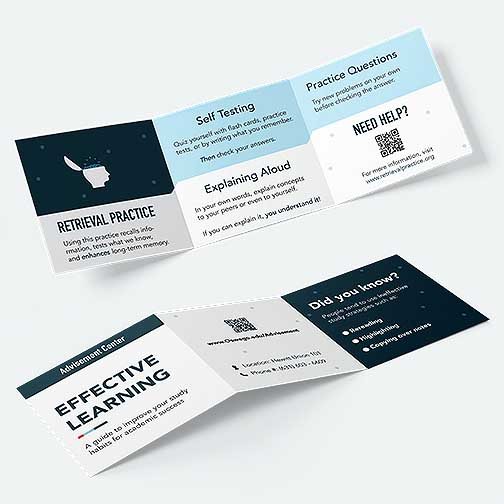 A square, double sided three panel brochure with information about effective learning.