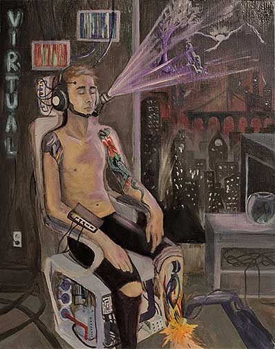 A cyborg man sitting in a chair with a apocalyptic scene behind him.