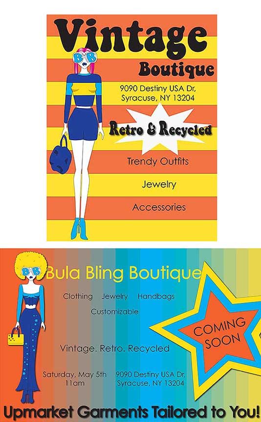 Two spot ads. Bright colors and women in retro clothing and hair styles representing a store that sells vintage clothing and accessories.
