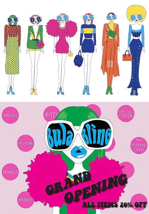 Spot ad with characters. Bright colors and women in retro clothing and hair styles representing a store that sells vintage clothing and accessories.