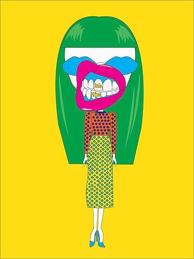 Women with green hair and pattern print dress stands atop a yellow background. The mouth is enlarged with grills that read Bula Bling 