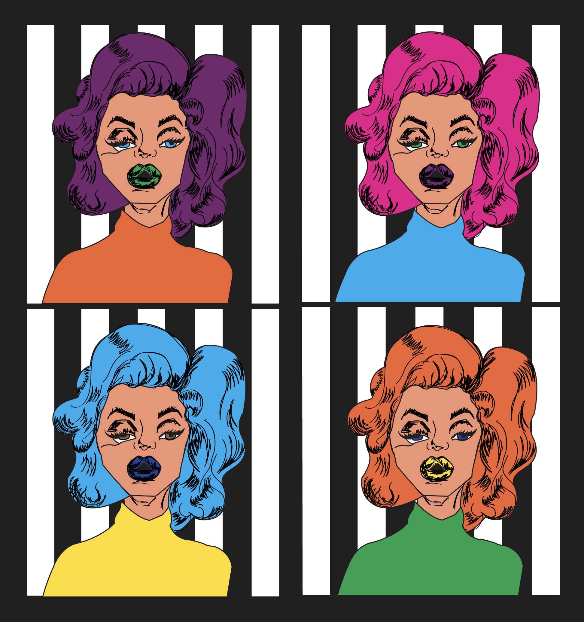 Women with big hair against a striped background. Four variations in different opt-art colors