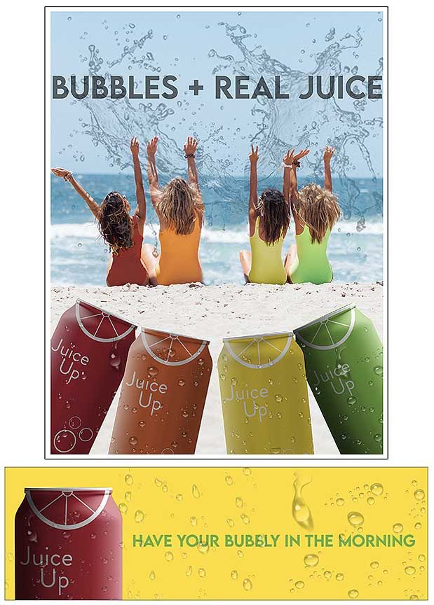 Magazine ad showing four women for a day at the beach with Juice Up. And, small web banner ad with product in corner.