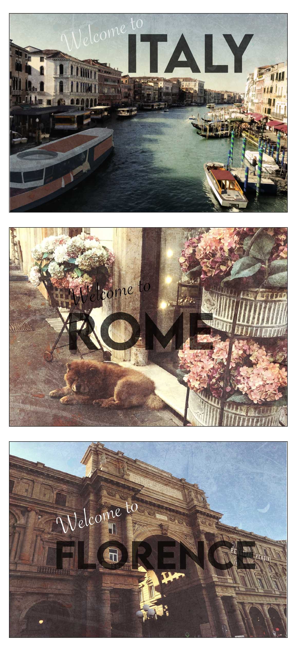 Postcard series showing scenes from Italy including canals in Venice, quiet street in Rome, and the Uffizi in Florence