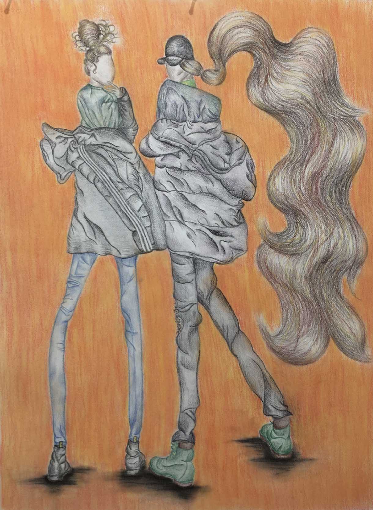  Drawing of two people, one with long, wavy hair. Drawn in earth colors against an orange background.
