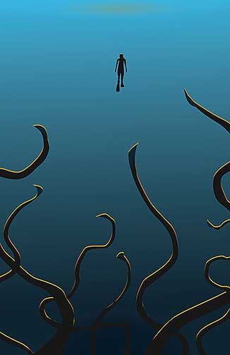 A digital illustration displaying the depths of the ocean with a diver and octopus.