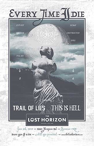 A poster with a marble statue in front of a mystic landscape.