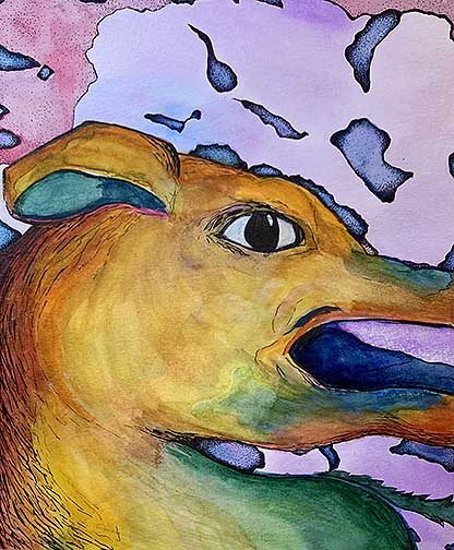 An abstracted dog, similar to a pitbull, painted using watercolors. Small shapes outlining random splotches of color are shaded in using stippling. In certain areas, black ink is used to outline the dog and create a fur texture. Colored pencils were used to solidify shapes.