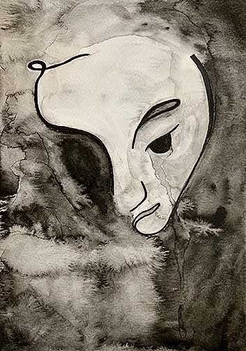 A simple line drawing done in ink pen gives the illusion of a face, with black and white watercolor patterns in the background.