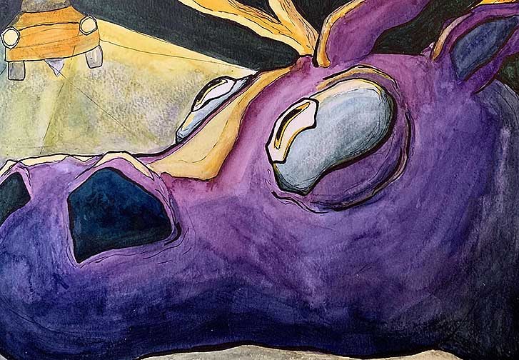 The bright purple face of a deer is illuminated by headlights coming from the top left corner of the painting. Orange and yellow is used to highlight deer, and its eyes are opened wide and appear to be in shock. Ink was used to outline the deer.