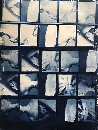 Multiple frames of cropped figures forming abstract shapes.