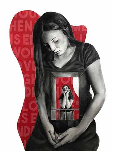 This piece is of two charcoal self-portraits of the female artist with one smaller body inside of the other. The large figure is looking down at the smaller one inside of her as the smaller one is looking back up. The smaller figure is leaning on a railing inside the body as if she is living within the individual. Behind the figures is an organic red shape with a lighter red, unidentifiable text filling the shape as it is cropped.