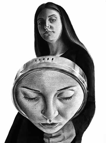 This charcoal drawing is a full-body self-portrait of the female artist holding a mirror and gazing out at the viewer. The image is drawn at a lower perspective so the mirror is seemingly larger than the individual behind it. Coming out of the mirror and appearing to be set down by the main figure is another face with its eyes closed. On top of the built-up charcoal reads the words “Do you know who you are?” amongst the two figure’s flesh. This phrase is repeated and layered to create added volume to the li