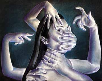 This soft pastel drawing is a self-portrait of the female artist depicted shoulders up. Coming from behind the figure are six arms aggressively grabbing and taunting the individual. Two of the most prominent arms are choking and covering the mouth of the female. The drawing is built up exclusively of charcoal pastel with added blue and purple color pastel to transition the mid-tones and darks of the figure. The background is black with a blue glow coming from behind the individual.