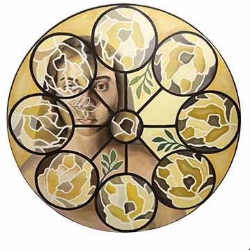 This oil painting is in the shape of a circle, mimicking the style of a stained glass window with eight smaller circles lining the rim. The smaller circles are outlined with dark brown, acting as iron, with a straight line on the inner side of each. These lines attach them all to an even smaller circle in the middle. Within these nine circles are various shades of yellow, abstracted carnation leaves, outlined in white. Between every other line is a green leaf. Behind all of this imagery is a self-portrait o