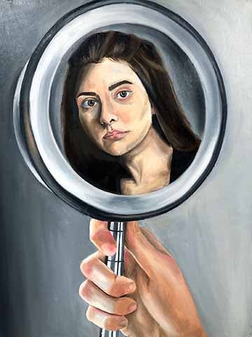 This oil painting is a self-portrait of the female artist. It is of a hand holding a mirror with a reflection of the artist’s face, as the viewer, shown inside. The skin tones are made up of a warm, minimal, color palette which is contrasted with the cool gray mirror and background surrounding the figure. 