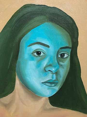 This oil painting is a self-portrait of the artist from the shoulders up, gazing out at the viewer. This image plays with color so all of the figure’s facial features are done in a turquoise blue using green as shadows and white as highlights. The hair framing the figure is dark green to pull out the green depth within the face. The colored face ends at the chin and allows the neck and the glimpse we see of the shoulder area to be skin tone. The flesh color is also the background hue which makes the image l