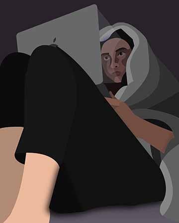 This image is a digital self-portrait of the female artist sitting in bed, doing homework. The illustration is done from a lower point of view so the legs and thighs are the largest mass in the image. A laptop is resting on the figure’s knees as she holds it with its glow coating her face. She has a blanket wrapped around her head to compliment the illustration’s comforting feel its grey and purple color scheme gives off.