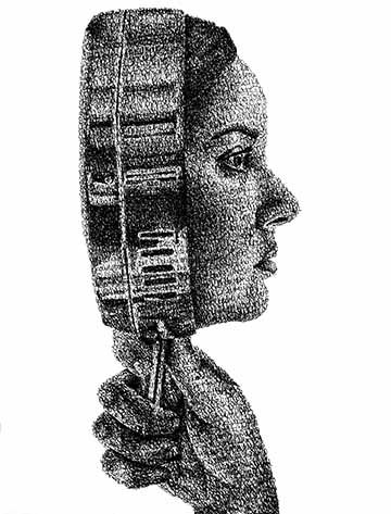 In this drawing, we see a mirror from a side angle, being held. A female face profile is coming out of the mirror which happens to be a self-portrait of the artist. The volume of the piece is built entirely out of words layered in black Sharpie marker. The phrase “Do you know who you are?” repeats throughout the image, more heavily in some areas, to create a cohesive depth in the figure and mirror.