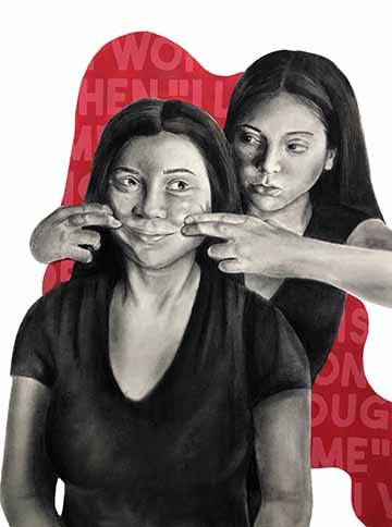 This piece is of two charcoal self-portraits of the female artist with one body in front of the other. The figure behind is reaching around to the front of the other and lifting her cheeks to create a fabricated smile. The front figure is looking back when this is happening. Behind the figures is an organic red shape with a lighter red, unidentifiable text filling the shape as it is cropped.