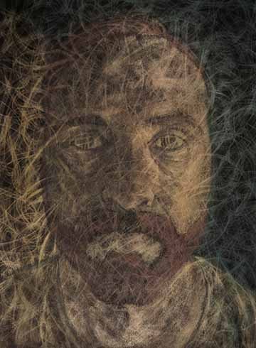  Multimedia painting of a portrait of the artist. The composition is built up of a variety of lines and forms that come together to build a figure. The background is green and the figure closer to natural skin tones. The figure and ground are merged together through the mark making and linework. Specific areas such as the beard, are rendered in red, which help define the form and figure.