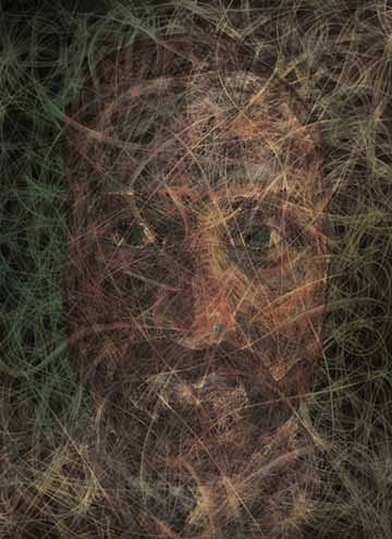 Multimedia painting of a portrait of the artist. The composition is built up of a variety of lines and forms that come together to build a figure. The background is green and the figure is built up of a variety of colors ranging from reds, blues, and yellows. The figure and background are connected and merged together through the linework.