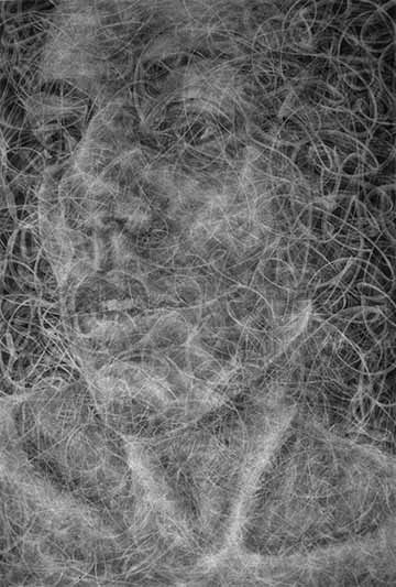Black and white drawing done in a chiaroscuro method. Lines, varying in shape, size and value, cover the surface and an image of a woman begins to emerge from these lines.