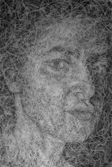 Black and white drawing done in a chiaroscuro method. Lines, varying in shape, size and value, cover the surface and an image of a woman begins to emerge from these lines.