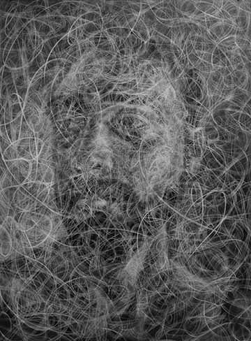 Black and white drawing done in a chiaroscuro method. Lines, varying in shape, size and value, cover the surface and an image of the artist begins to emerge from these lines.