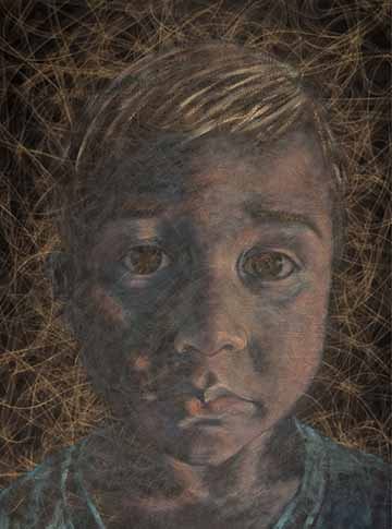 Painting of a young child. The background is dark and built up of lines that create space and depth. The figure is placed in front of this background, but slightly integrated with it.