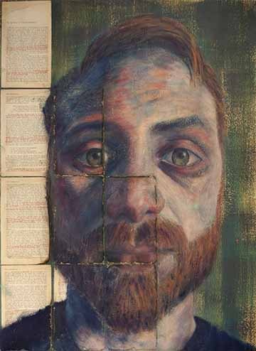 Multimedia painting of the artist. The background is built up of varying colours of green and yellow. Pages from a navel are glued onto this background and cover approximately half the surface. A portrait of the artist is then painted over the pages and background colour, dominating the composition.