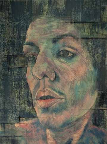 Mixed media painting of a portrait of a woman. The figure is built up of a variety of heavily saturated colors ranging from blues, greens, reds, and naples yellow. The paint is applied in large, broad brush strokes, which emphasise the contours of the figures face.