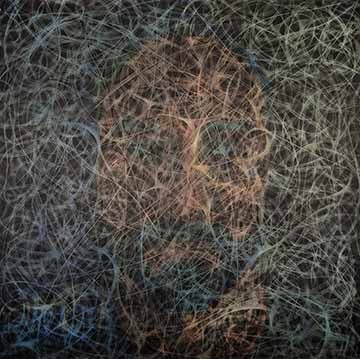 Multimedia painting that is more abstract than representational. The composition consists of a variety of lines and forms that vary in size, shape, value and direct. The overall aesthetic is a chaotic arrangement of lines and forms that a figure, contrasted in color, is emerging.