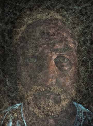 Multimedia painting of a portrait of the artist. The composition is built up of a variety of lines and forms that come together to build a figure. The background is green and the figure closer to natural skin tones. The figure and ground are merged together through the mark making and linework.