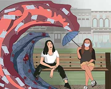 This illustration is of two girls sitting on a bench, next to them are two big waves. One wave is red with the covid symbols in them and one is a blue wave with masks floating around. The girl on the left is holding an umbrella to block the waves from hitting her and the other girl is just sitting there without a mask leaning on on her legs like she doesn't even notice the waves. The background is a city in the distance. This piece was based off of the article from NY Times called Why Were Losing The Battle