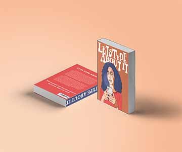 These are the inside pages to the book Lets Type About it. This image includes a two page spread that has illustrations and text blurbs explaining the topics of the book. The colors are very bright and bold of red, green, orange and blue. The is an image of a girl hiding behind a phone and another illustration of a guy sitting on a text blurb. 