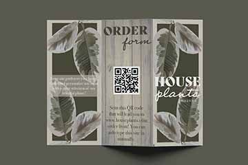This is an image of a trifold pamphlet. This is the outside pages of piece four. This has the QR code to the website and a title called House Plants. Two of the pages have 2 big plant leaves at the top and bottom. The color scheme is muted earthy tones of greens, browns and pinks. 