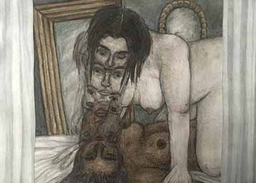 A scene of two nude women in a room with two mirrors, framed by curtains. Ghostly afterimages of their faces are between them.