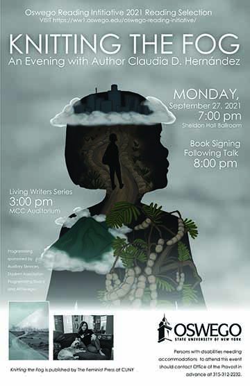 Main text reads “Knitting the Fog”. The illustration depicts a silhouette of a young girl. Within the silhouette, there are illustrations of mountains, tamarind tree branches, a dirt road with a silhouette of an adult, and the Los Angeles skyline. The text outlines an upcoming event by ORI (Oswego Reading Initiative).