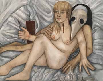 A reclining nude woman holds a scalpel, her throat cut. A woman wearing a plague mask and a nun’s habit lays beside her. Around the scene is a red candle and bulbs of garlic.