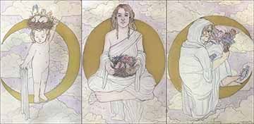 A series of three illustrations depicting the triple goddess myth. The first shows a toddler age girl representing the child holding white cloth in one hand while standing within the negative space of a crescent moon. She balances a bird’s nest with eggs and budding flowers. The middle image shows a young woman in a white tunic representing the maiden. She is seated cross-legged in the full moon, holding a nest of baby birds with flowers in full bloom. The last shows an old woman cloaked in white representi