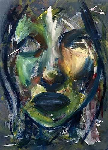 Opaque depicts a woman’s face, abstracted with bright colors and loose paint strokes. The portrait is on top of a color abstract background.